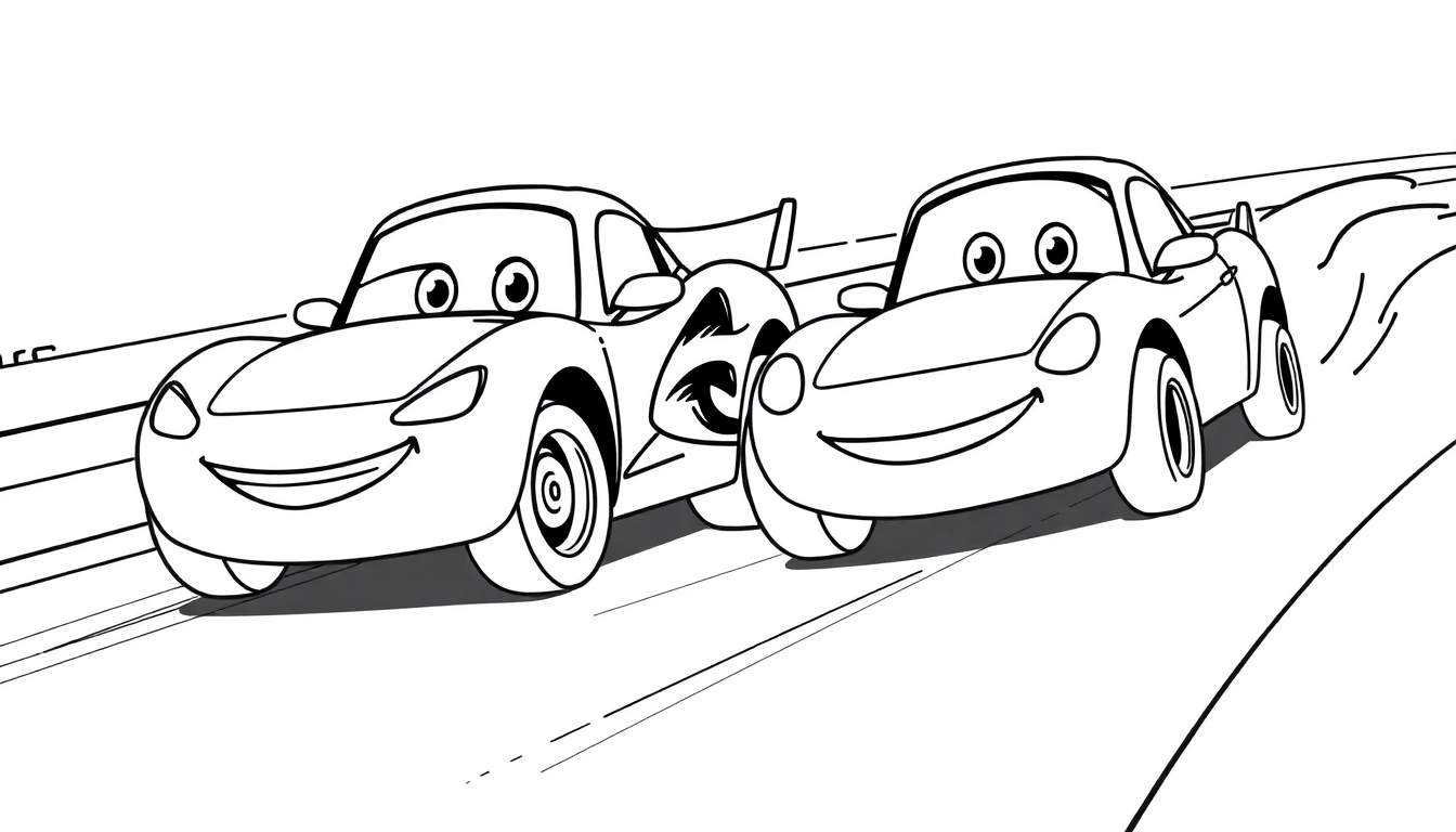 Dos coches de dibujos animados amigables con grandes ojos sonrientes compitiendo en una carretera, ambos con alerones traseros, listos para colorear en una página para colorear de la placa de color.