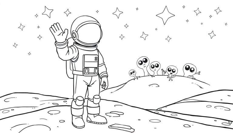 Un astronauta saludando a simpáticos extraterrestres en un planeta de dibujos para colorear.