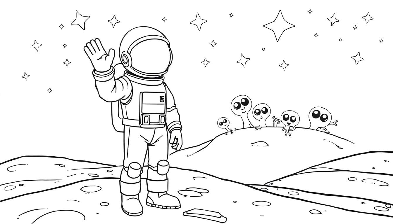 Un astronauta saludando a simpáticos extraterrestres en un planeta de dibujos para colorear.