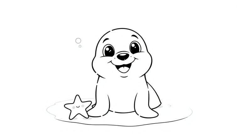 Placa de color de un cachorro de foca sonriente con una estrella de mar.