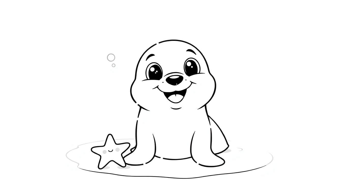 Placa de color de un cachorro de foca sonriente con una estrella de mar.
