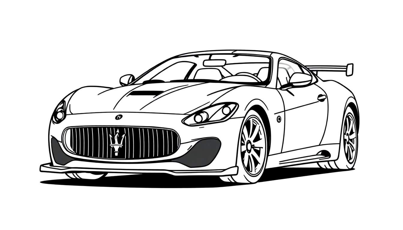 Ilustración en blanco y negro de un Maserati GranTurismo listo para colorear