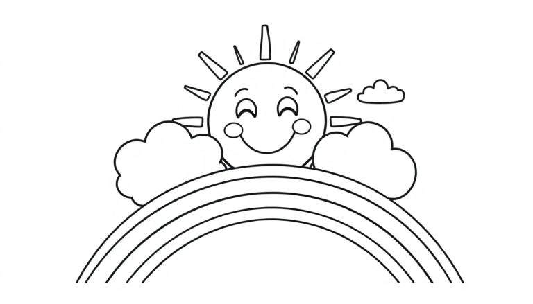 Placa de color de un sol sonriente con nubes y arcoíris.