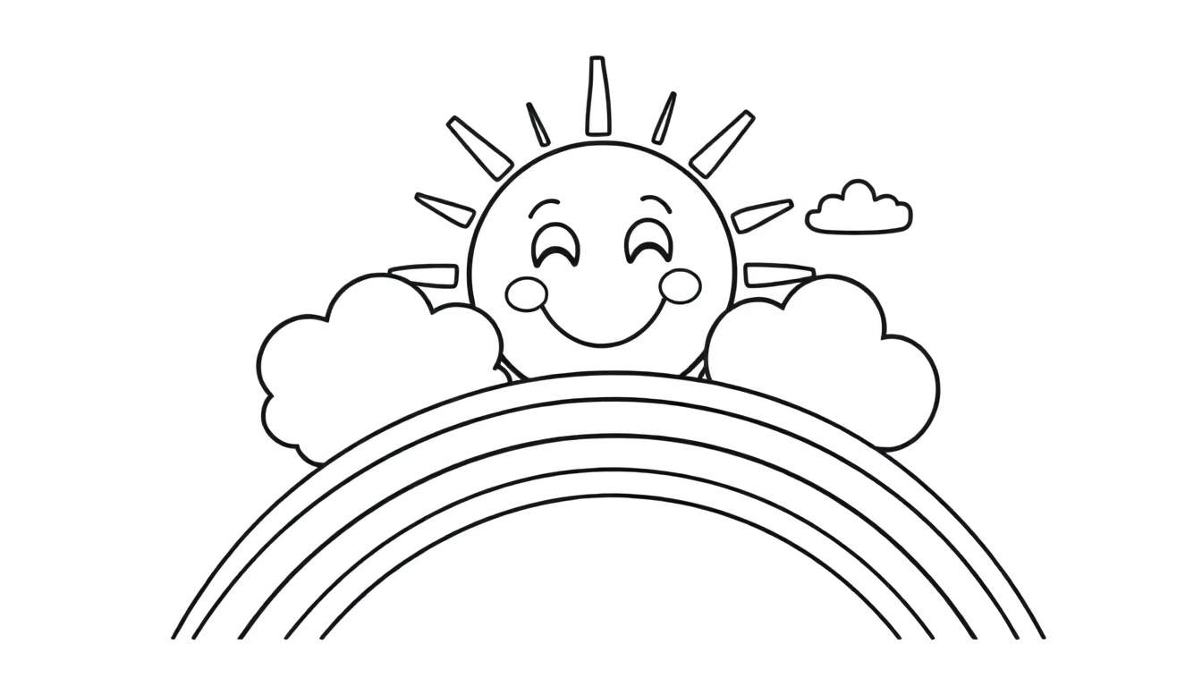 Placa de color de un sol sonriente con nubes y arcoíris.