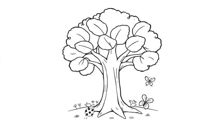 Placa de color de un árbol amigable con mariquita y mariposa.