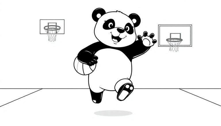 Un panda jugando baloncesto, listo para colorear, placa de color.