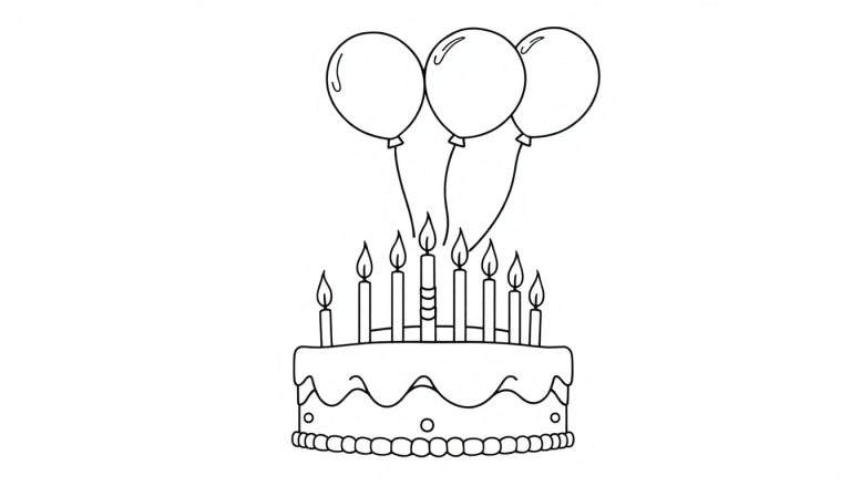 Placa de color de un pastel de cumpleaños con 10 velas y globos.
