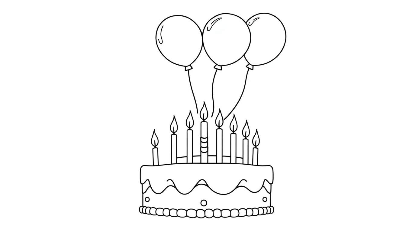 Placa de color de un pastel de cumpleaños con 10 velas y globos.