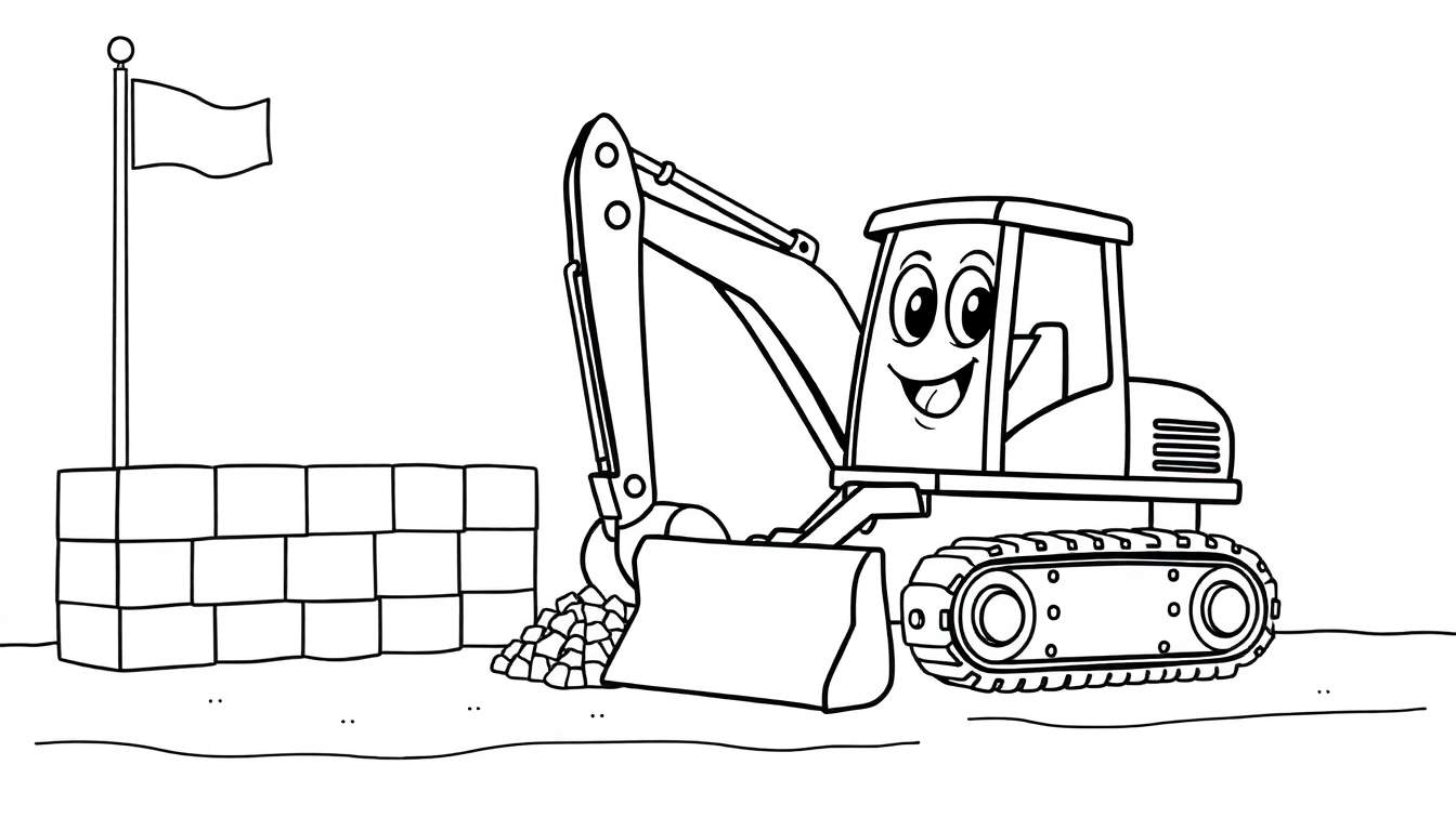 Placa de color de un amigable bulldozer sonriente con ojos grandes, listo para ser coloreado en una obra con ladrillos y una bandera.