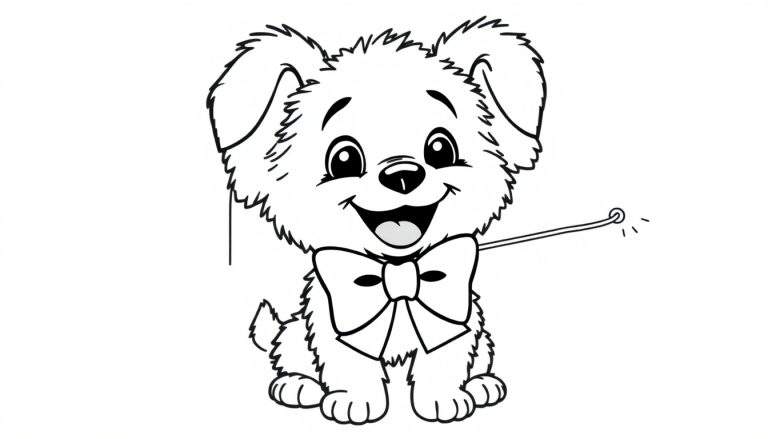 Un perrito adorable para colorear, con un gran lazo y jugando con una varita brillante, listo para que le des vida con tu placa de color.