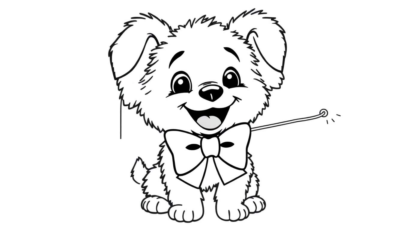 Un perrito adorable para colorear, con un gran lazo y jugando con una varita brillante, listo para que le des vida con tu placa de color.