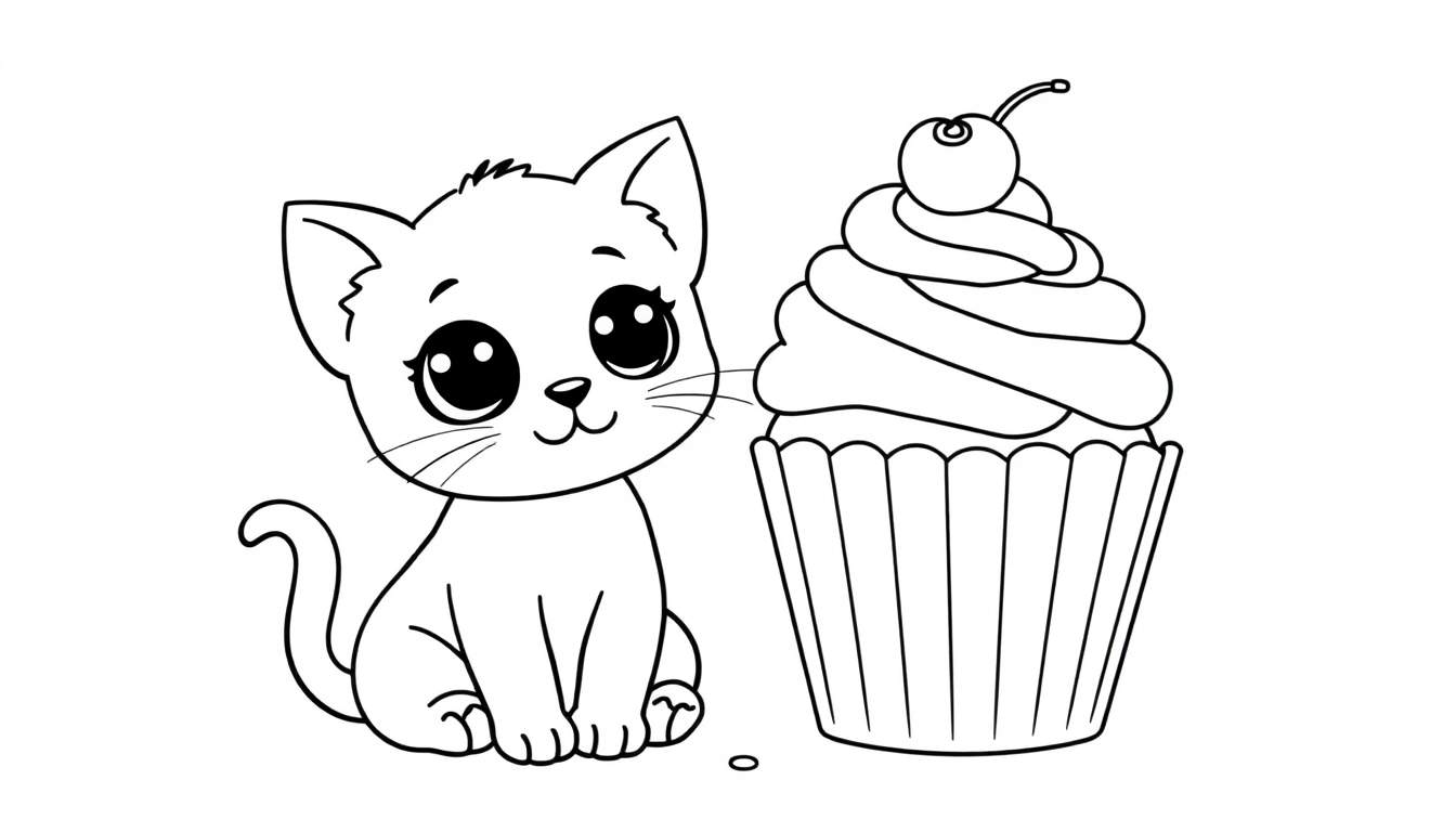 Placa de color de un gatito con un cupcake.