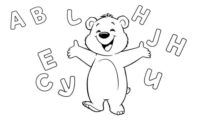Placa de color de un oso feliz con el alfabeto.