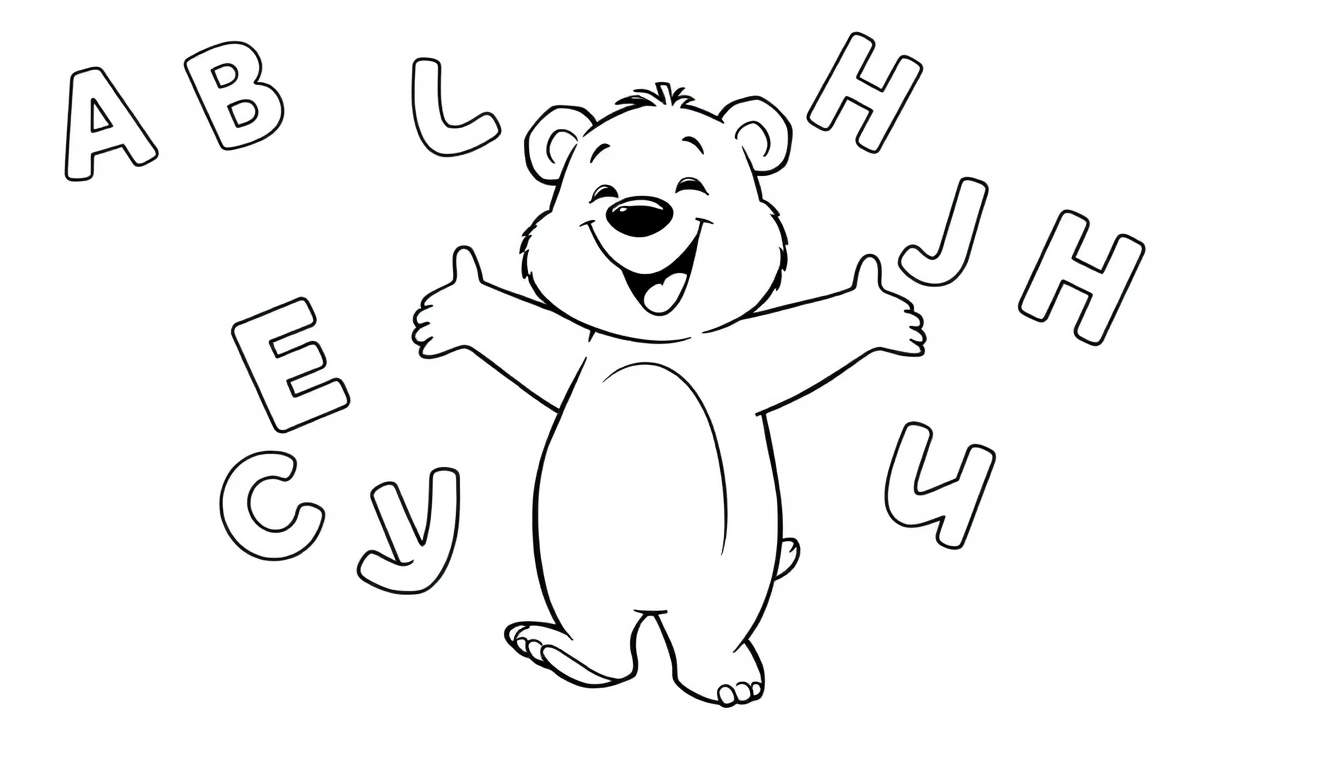Placa de color de un oso feliz con el alfabeto.