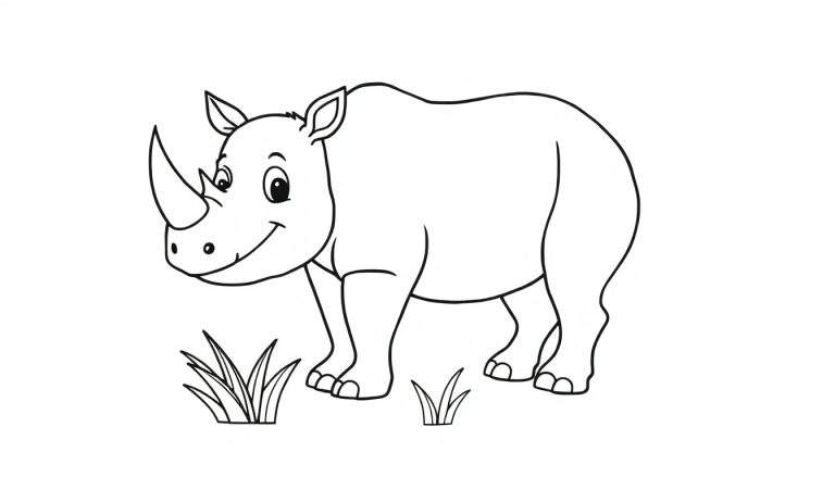 Un rinoceronte sonriente de dibujos animados en blanco y negro, listo para colorear, sobre una placa de color.