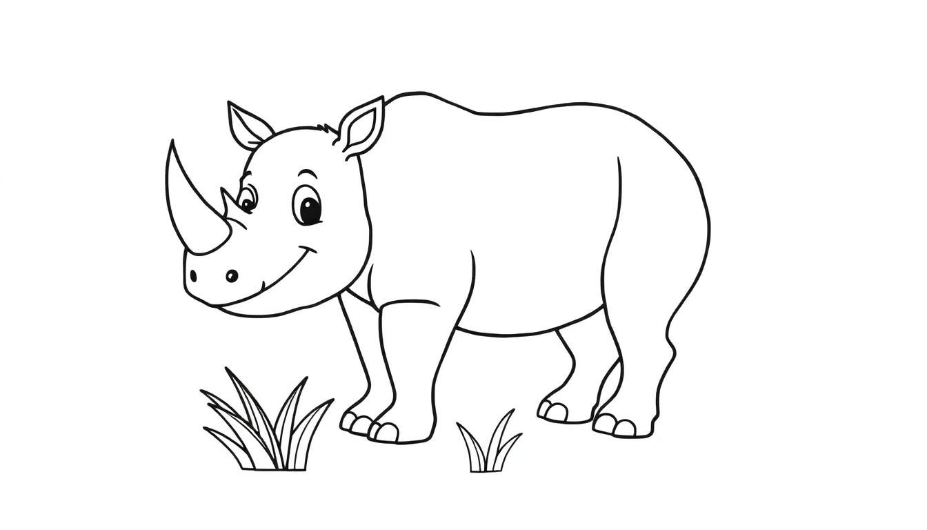 Un rinoceronte sonriente de dibujos animados en blanco y negro, listo para colorear, sobre una placa de color.