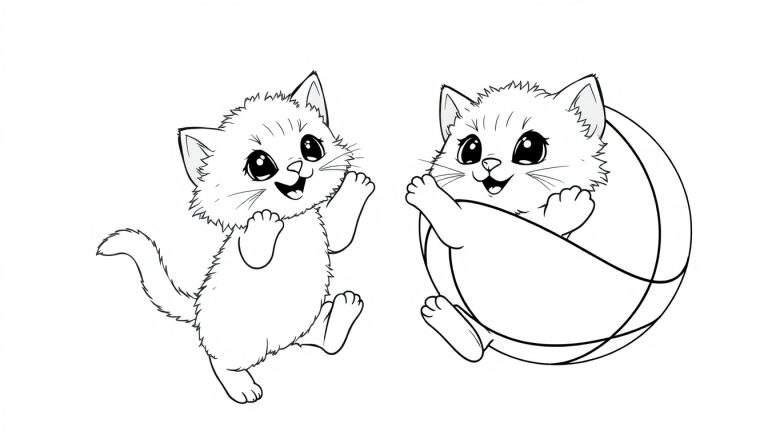 Placa de color con dos gatos de dibujos animados, uno saludando y otro sentado en una cesta.