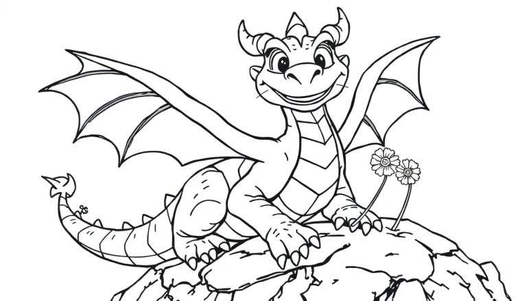 Placa de color de un dragón amigable sonriendo en una roca con flores.
