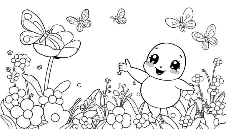 Placa de color de un personaje Chibi saludando en un jardín con mariposas y flores.