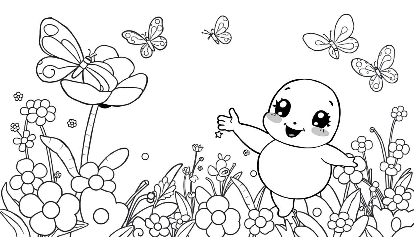 Placa de color de un personaje Chibi saludando en un jardín con mariposas y flores.