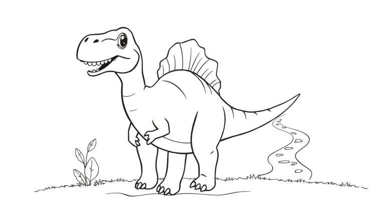 Un espinosaurio amigable sonriendo, listo para colorear, con huellas y plantas, como una placa de color para niños.