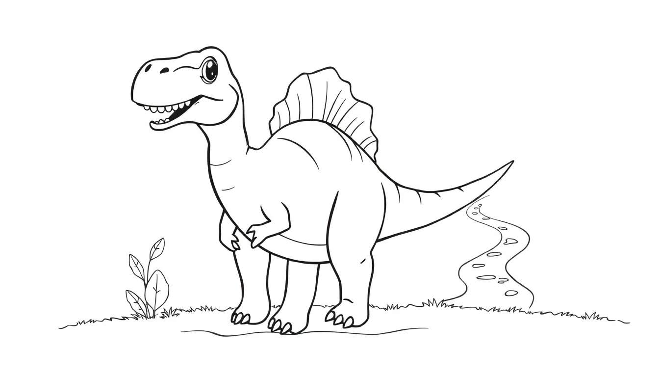 Un espinosaurio amigable sonriendo, listo para colorear, con huellas y plantas, como una placa de color para niños.
