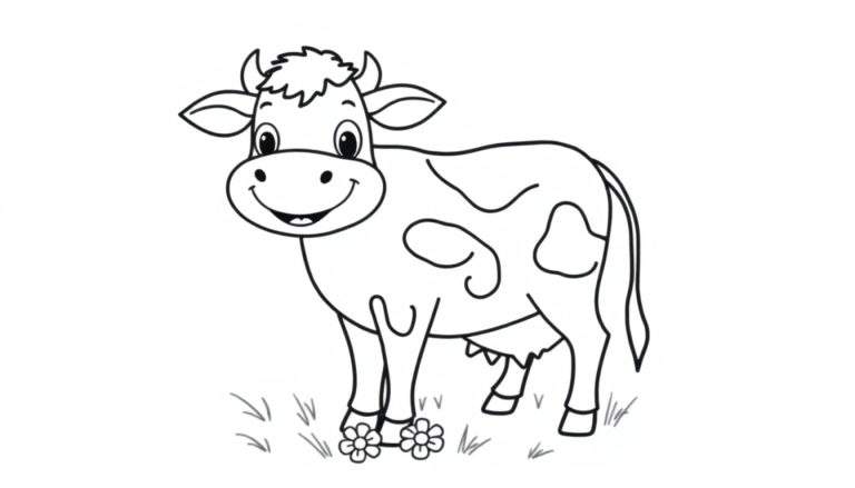 Placa de color de una vaca de dibujos animados sonriente con flores.