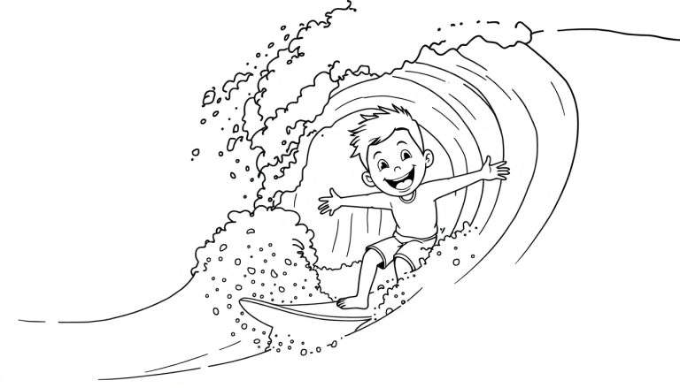Una placa de color muestra a un niño feliz surfeando una gran ola, con los brazos extendidos para mantener el equilibrio.