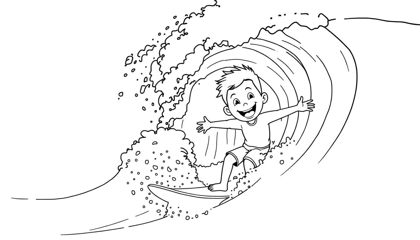 Una placa de color muestra a un niño feliz surfeando una gran ola, con los brazos extendidos para mantener el equilibrio.