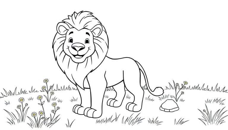 Un león amigable de dibujo infantil listo para colorear, con una melena detallada y una expresión sonriente, rodeado de hierba y flores en una placa de color.