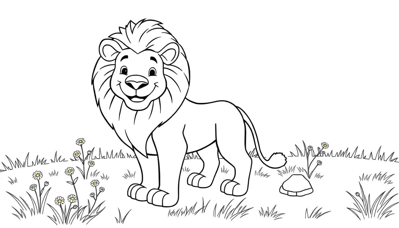 Un león amigable de dibujo infantil listo para colorear, con una melena detallada y una expresión sonriente, rodeado de hierba y flores en una placa de color.
