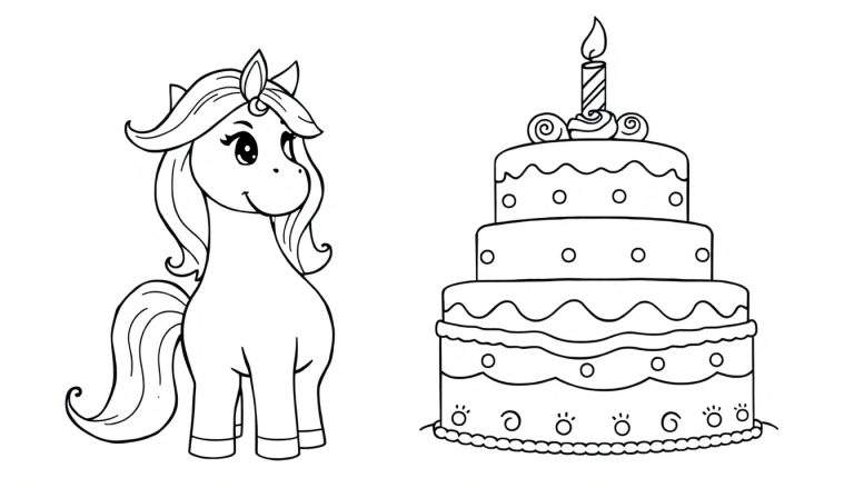 Placa de color de un unicornio y un pastel de cumpleaños.