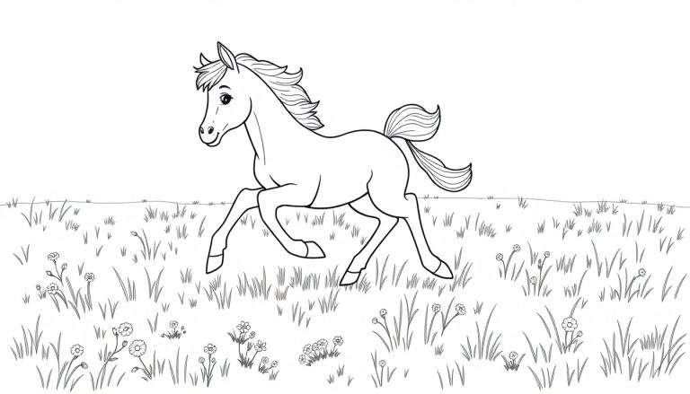 Un potrillo juguetón en un prado, listo para colorear en su placa de color.