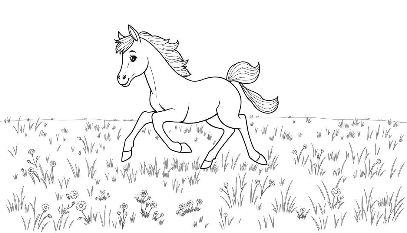 Un potrillo juguetón en un prado, listo para colorear en su placa de color.
