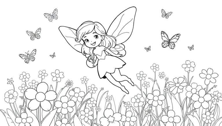 Ilustración en blanco y negro de un hada volando sobre un campo de flores, con mariposas revoloteando alrededor. Placa de color para colorear.