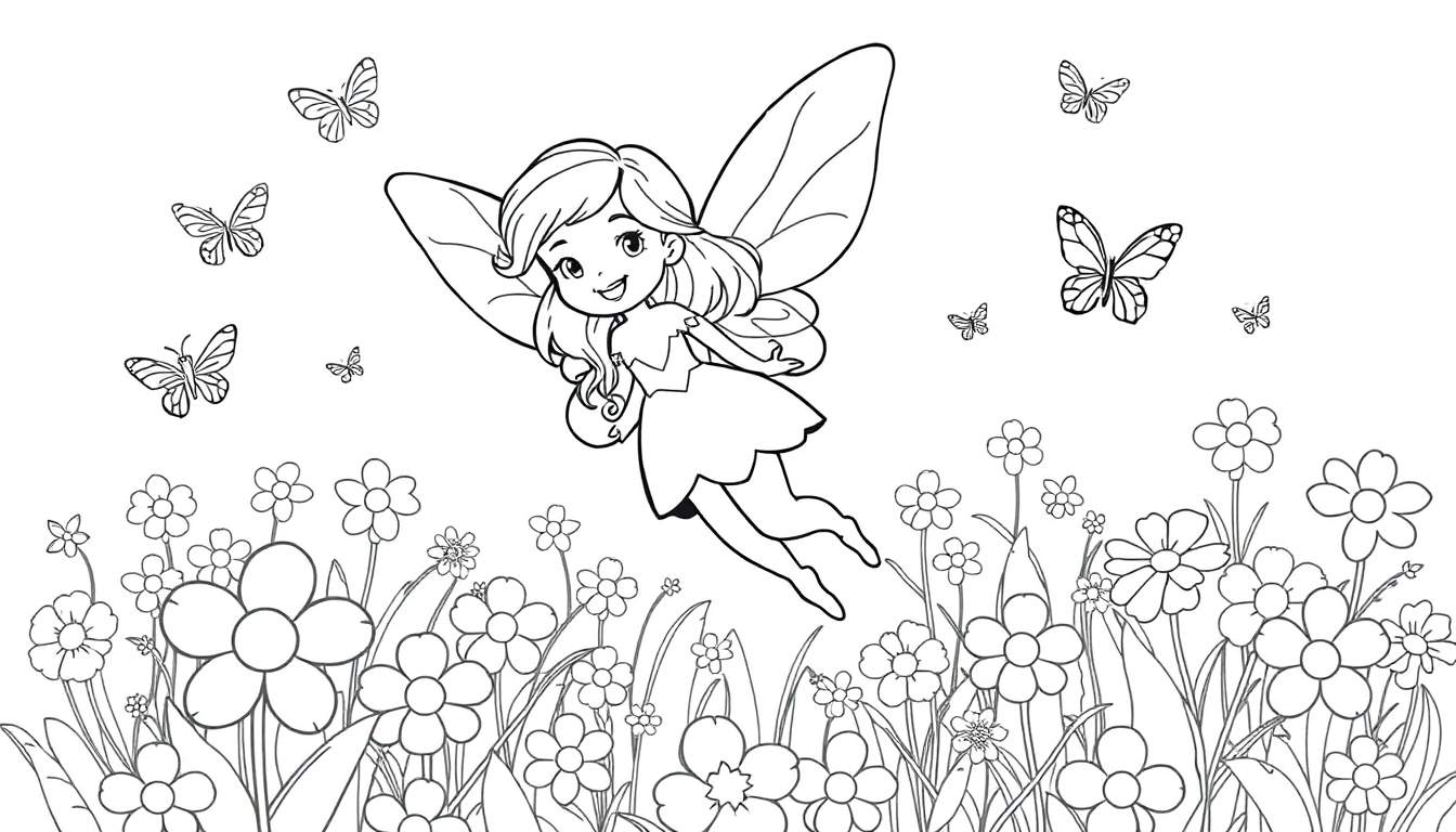 Ilustración en blanco y negro de un hada volando sobre un campo de flores, con mariposas revoloteando alrededor. Placa de color para colorear.