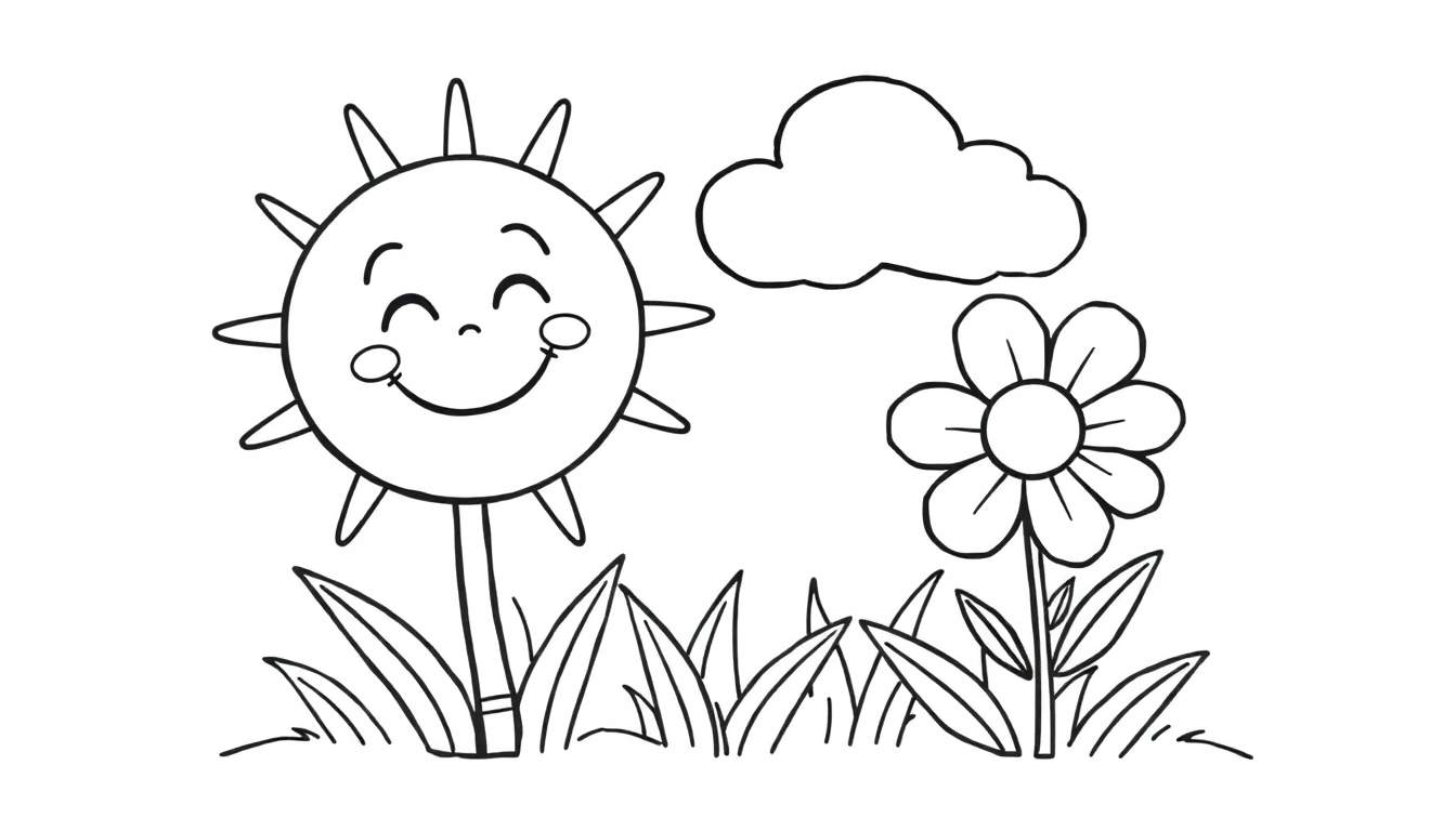 Dibujo de un paisaje primaveral con sol sonriente, nube feliz y flor sonriente.