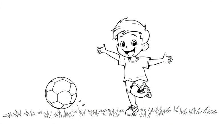 Niño corriendo tras un balón de fútbol, listo para ser coloreado en una placa de color.