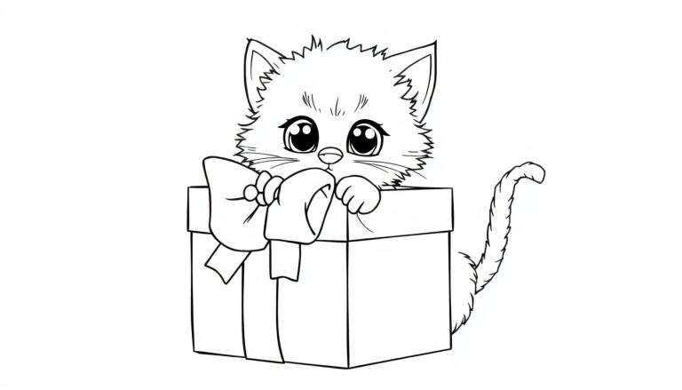 Placa de color de un gatito adorable saliendo de una caja de regalo.