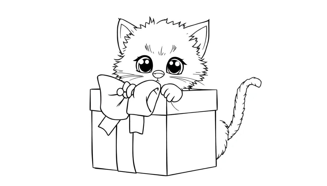 Placa de color de un gatito adorable saliendo de una caja de regalo.