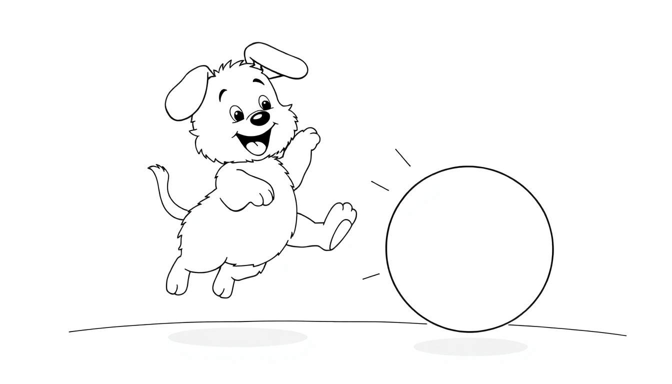Un perrito de dibujos animados saltando hacia una pelota roja, listo para ser coloreado. Esta placa de color representa un momento de juego.