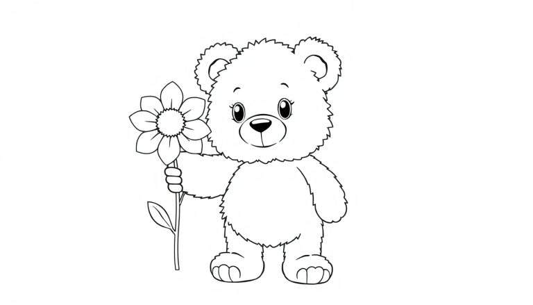 Un osito de peluche blanco y negro sosteniendo una flor para colorear, ideal para una placa de color.
