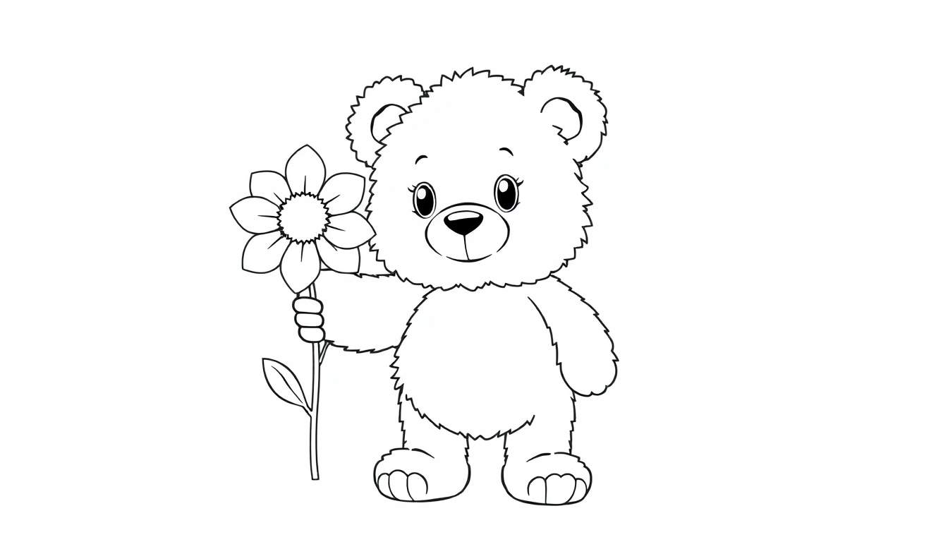 Un osito de peluche blanco y negro sosteniendo una flor para colorear, ideal para una placa de color.