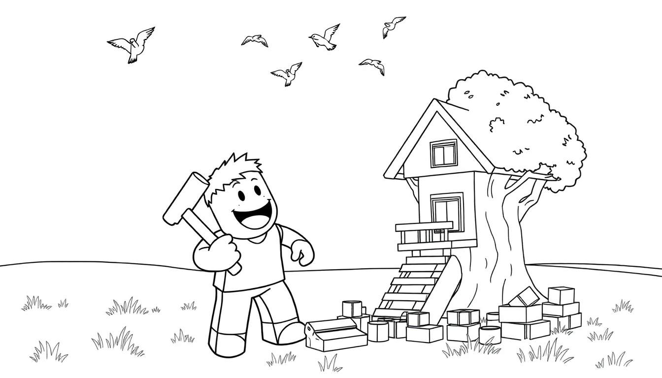 Niño de Roblox pintando una placa de color de una casa en el árbol.