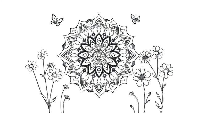 Placa de color con un mandala blanco y negro detallado, rodeado de flores y mariposas.