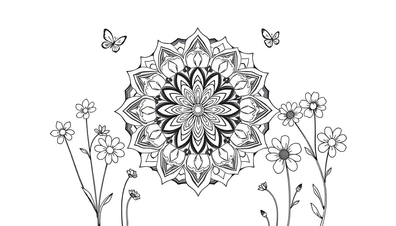 Placa de color con un mandala blanco y negro detallado, rodeado de flores y mariposas.