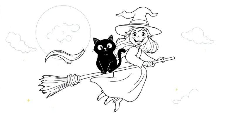 Placa de color de una bruja amigable y su gato negro volando en una escoba sobre una luna brillante.