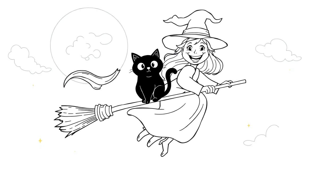 Placa de color de una bruja amigable y su gato negro volando en una escoba sobre una luna brillante.