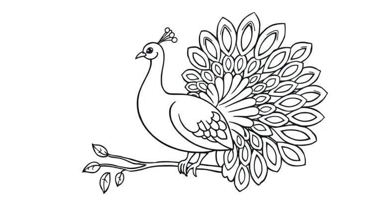 Placa de color para colorear de un pavo real con la cola abierta.