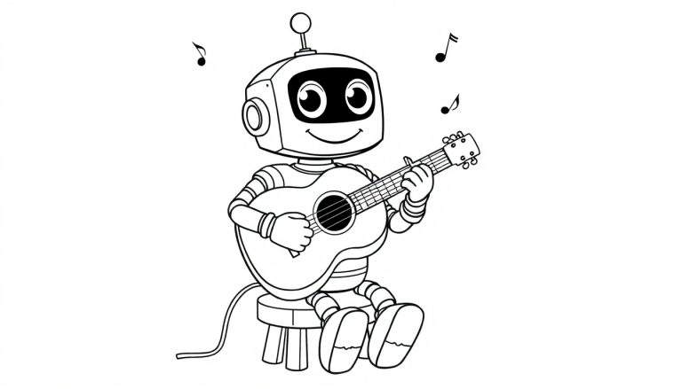 Un robot de dibujos animados sentado en un taburete tocando una guitarra, listo para colorear en una placa.